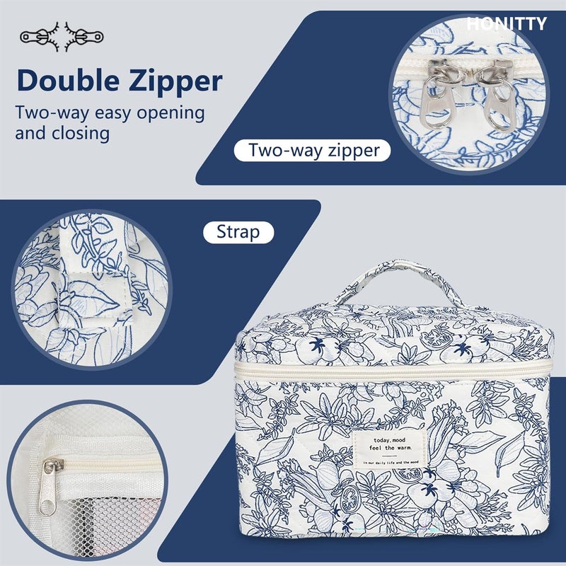 honitty Makeup Bag,Quilted Cosmetic Bags,Large Floral Make Up Organize bag,Makeup Bag Set for Women,Flower Travel Toiletry Bag - Image 4